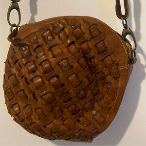Sundance Tan Woven Leather Circular Adjustable Crossbody Bag